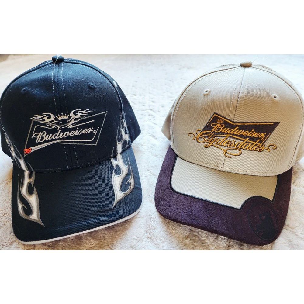 Budweiser Hat Bundle 2pc Black Flame & Tan Clydesdales Baseball Caps Adjustable